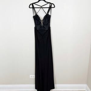 New La Femme Open Back Jersey Gown Black 10 Deep VNeck Low Open Cross Back Sexy